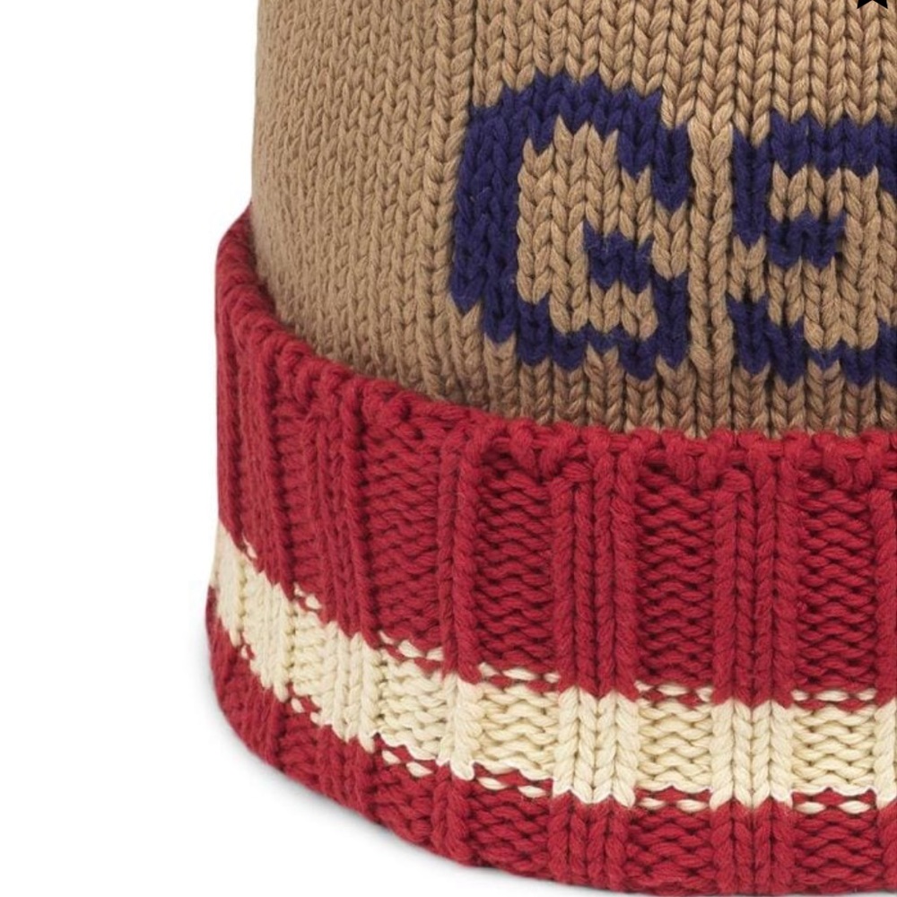 Gucci GG Monogram Dark Beige Red Cotton Beenie - Picture 5 of 12